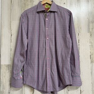 Robert Graham Button Down Floral Flip Cuff Shirt Grey Pink Stripes Size L